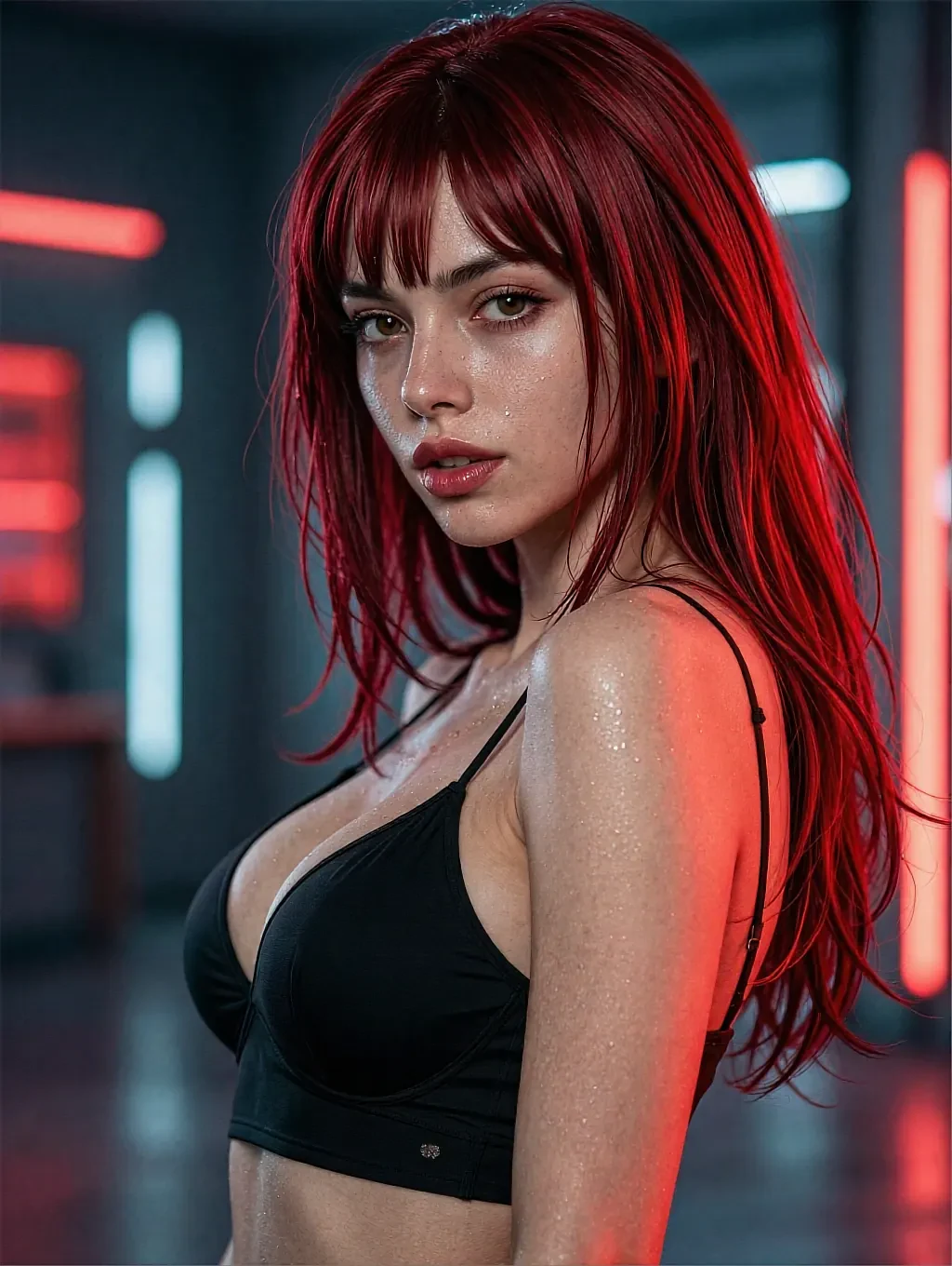 Fictional AI character with bright red hair in a black top, neon glow across the room